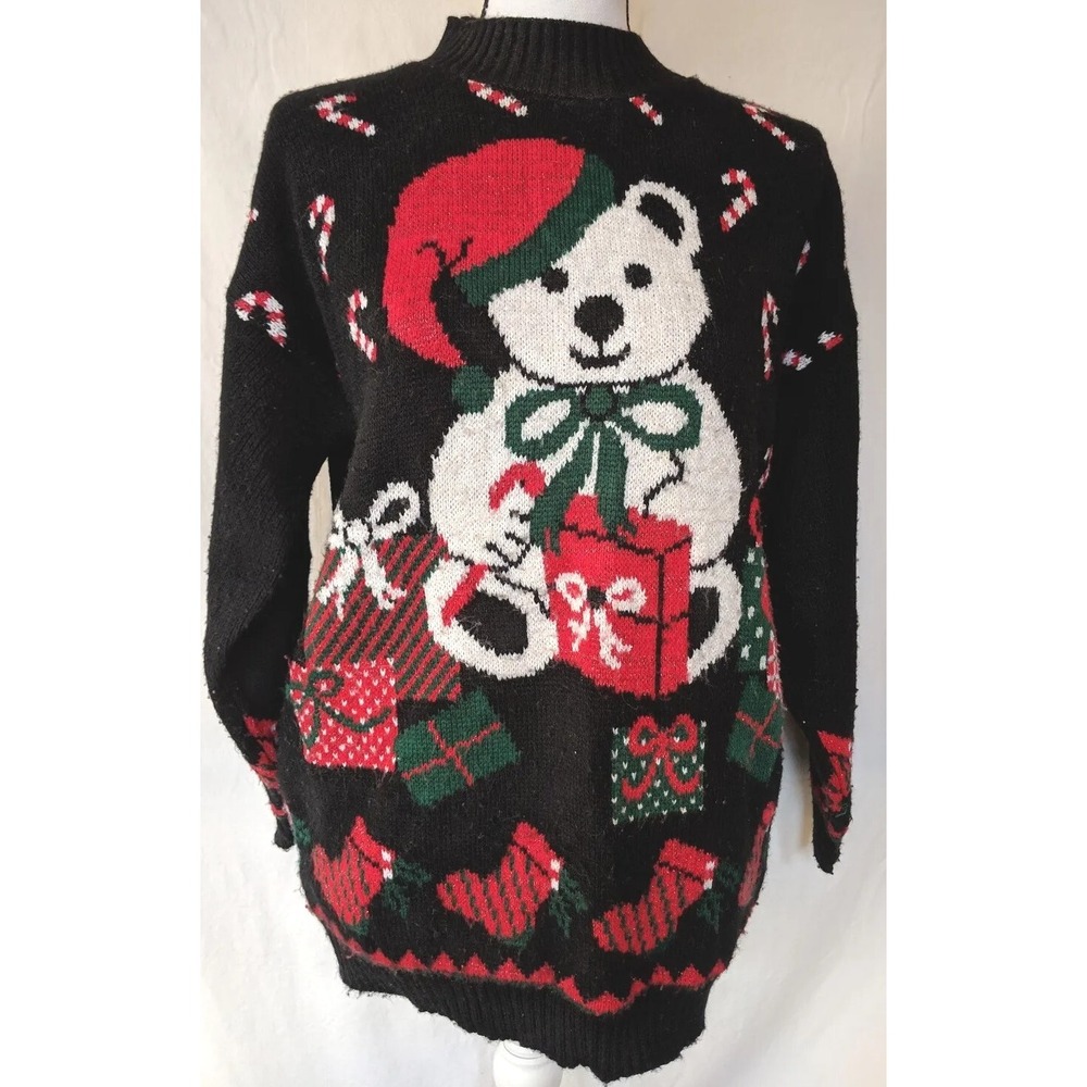 Vintage Womens Ugly Christmas Sweater Size M-L Santa Teddy Bear Novelty Cute USA